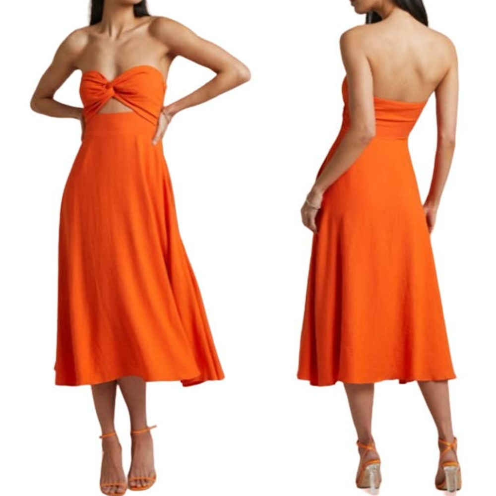 NWT Showpo. Avie Twist Strapless Cocktail Midi Dress Orange Women's Size US 2.
